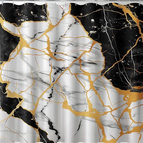 Luxurious Black And Gold Marble Shower Curtain With White Background