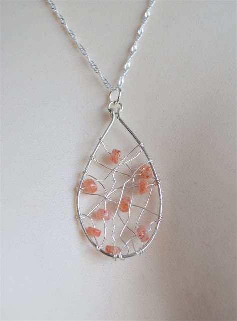 Sunstone And Sterling Silver Tear Drop Wire Wrapped Pendant Necklace