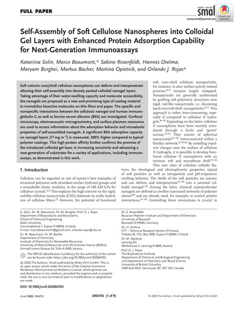 Pdf Self Assembly Of Soft Cellulose Nanospheres Into Colloidal Gel Layers With Enhanced