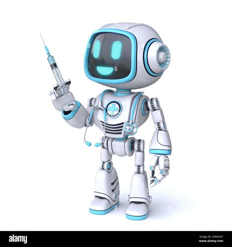 Cute blue robot doctor with an injection and stethoscope 3D rendering ...