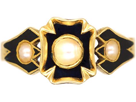 Early Victorian 18ct Gold Black Enamel And Natural Split Pearl Ring 797t