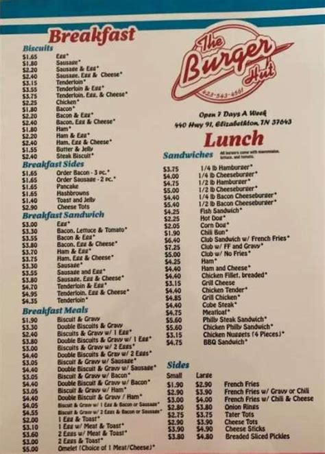 Burger Hut Menu In Elizabethton Tennessee Usa