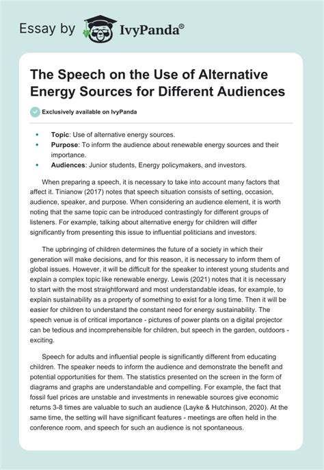 The Speech On The Use Of Alternative Energy Sources For Different