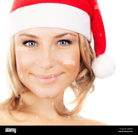 Pretty Santa Girl Closeup Portrait Of A Young Woman Smiling Wearing