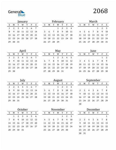 Year 2068 Free Printable 12-Month Calendar