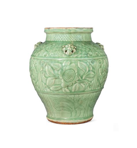 An Important And Extremely Rare Carved Longquan Celadon Jar Yuan