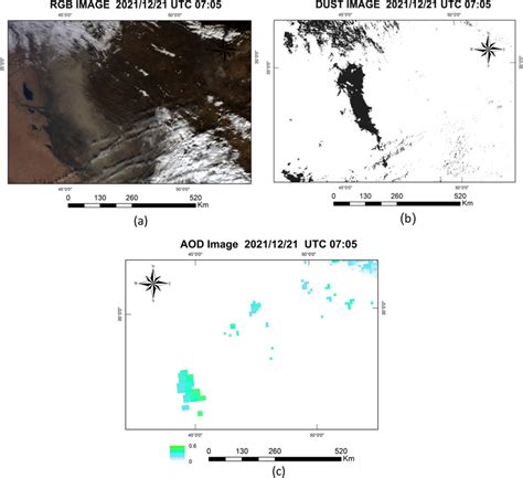 A Modis True Color Image B Dust Image And C Aerosol Optical Depth