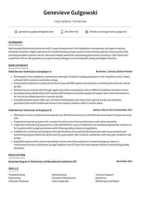 Field Service Technician Resume Cv Example And Writing Guide