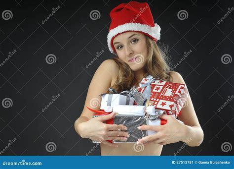 Christmas Naked Girl Covered Gifts Stock Image Image Of Claus Female