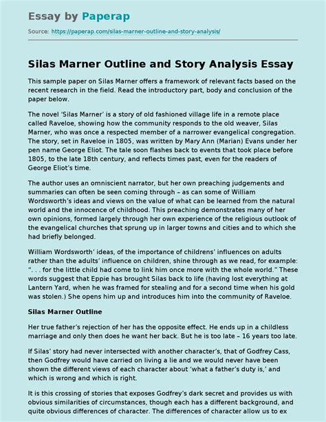 Silas Marner Outline And Story Analysis Free Essay Example