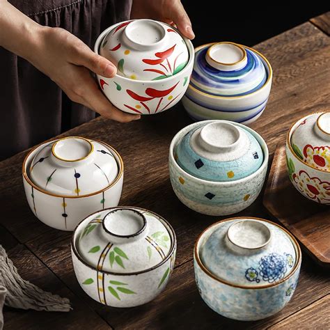 Taza de cerámica de arte japonés con tapa para sopa tazón de fideos