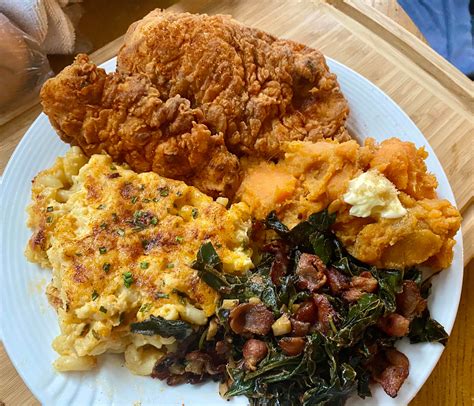 [homemade] Fried Chicken Mac And Cheese Collared Greens And Sweet Potatoes Food