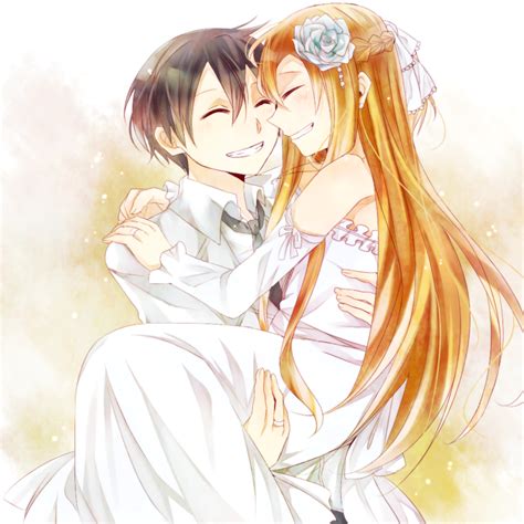 Safebooru 1boy 1girl Asuna Sao Black Hair Brown Hair Carrying Closed Eyes Couple Dress