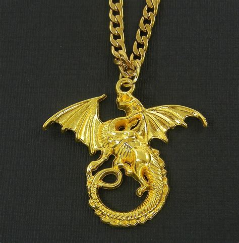 Bright Gold Winged Dragon Pendant Necklace 3d Gold Plated Dragon Mens Womens Unisex