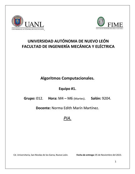 PIA Equipo 1 PIA DE ALGORITMOS Algoritmos Computacionales Equipo