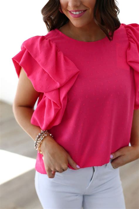 5 14 Rose Red Ruffled Sleeve Swiss Dot Blouse Wholesale