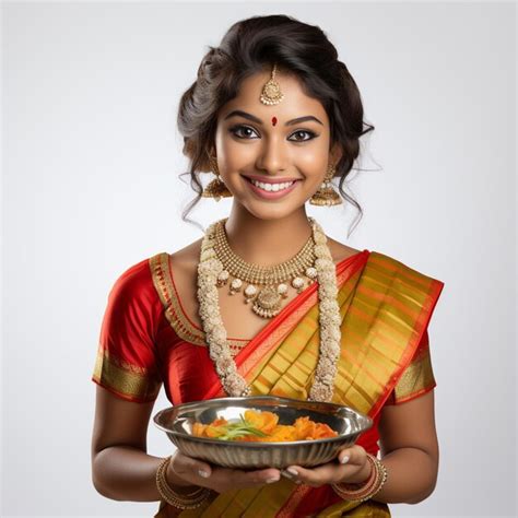 Ein Wunderschönes Traditionelles Indisches Mädchen Trägt Einen Pooja Thali Auf Weißem