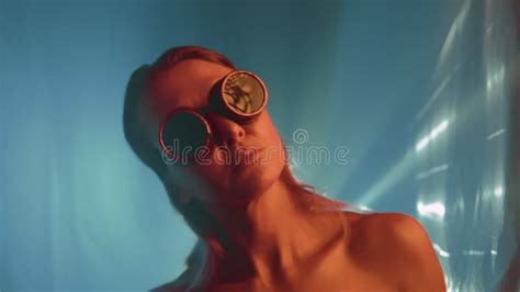 Graceful Cyberpunk Dance By Nude Girl In Pink Light Stock Video Video