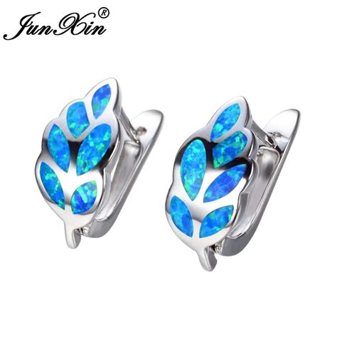 Junxin Boucles D Oreilles En Opale De Feu Bleue Pour Femmes Double