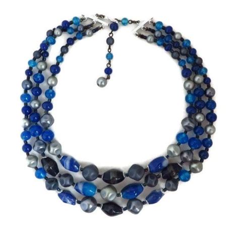 Vintage Japan Blue Bead Necklace Multi Strand Beaded Choker Mid