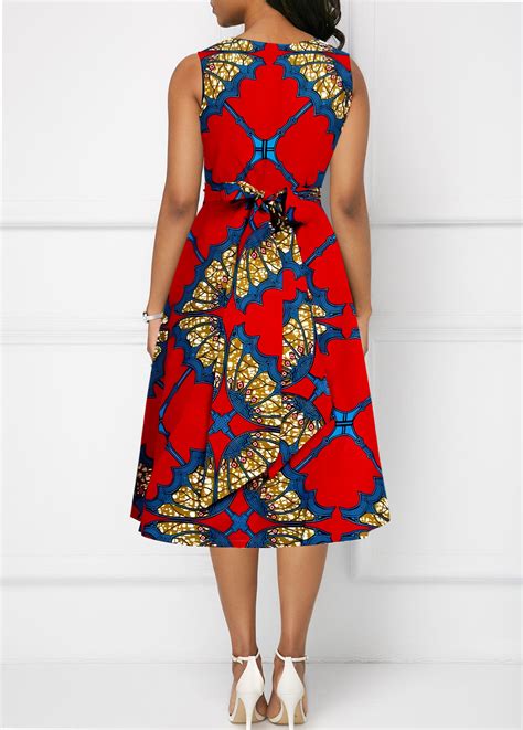 Rotita Zipper Tribal Print Red V Neck Sleeveless Dress Rotita