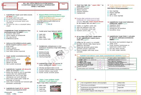 İnsan Hakları 4 Sınıflar 1 Dönem 2 Yazılı Soruları 2021 2022 Test