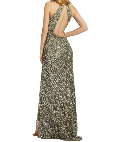 Mac Duggal Sequin Halter Open Back Gown In Platinum Modesens