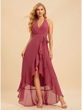 US 94 00 A Line Halter Asymmetrical Chiffon Bridesmaid Dress With