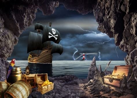 Under Lightning Pirate Ship Backdrop Halloween Stage Party Background