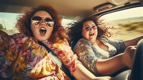 Premium AI Image Two Plus Size Happy Women Driving A Car Two