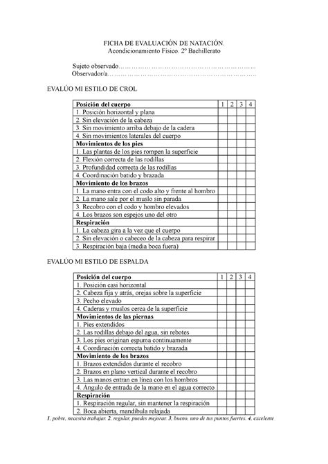 ficha evaluación técnica natación FICHA DE EVALUACIÓN DE NATACIÓN