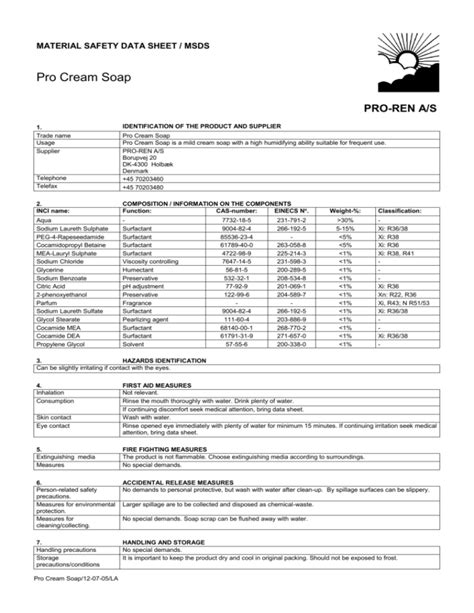 Material Safety Data Sheet Msds Pro Cream Soap Pro