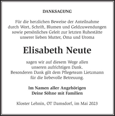 Traueranzeigen von Elisabeth Neute Märkische Onlinezeitung Trauerportal