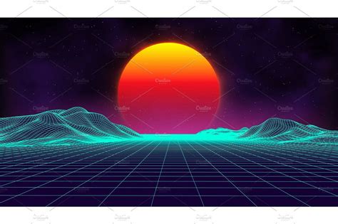 Retro background futuristic landscape 1980s style. Digital retro ...