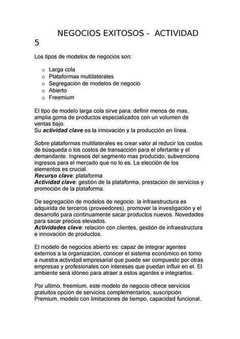 Act 5 Negocios NEGOCIOS EXITOSOS ACTIVIDAD 5 Los Tipos De Modelos