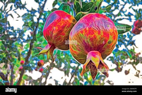 Fractal Art Pomegranate Tree With Green Leaves And Fruits In Nature