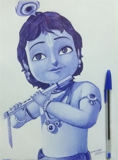 Lord Krishna Realistic Ballpoint Pen Art Drawing Drawing Skill