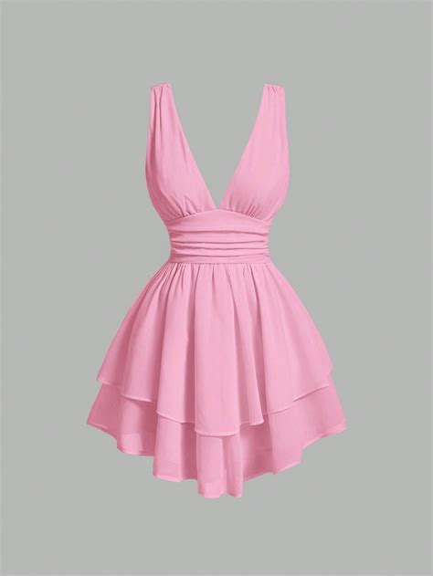 Pink Sexy Collar Sleeveless Woven Fabric Plain Fit And Flare