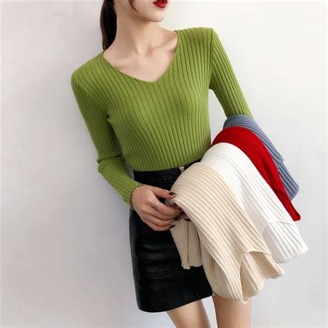 Asilah Long Sleeve V Neck Plain Knit Top Yesstyle