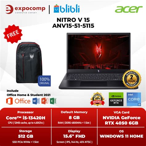 Jual ACER GAMING NITRO V 15 ANV15 51 5115 BLACK CORE I5 13420H RTX4050