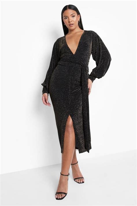 Plus Metallic Plunge Tie Waist Midi Dress Boohoo