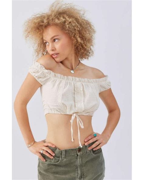 Urban Outfitters Uo Natasha Off The Shoulder Cropped Top In Ivory