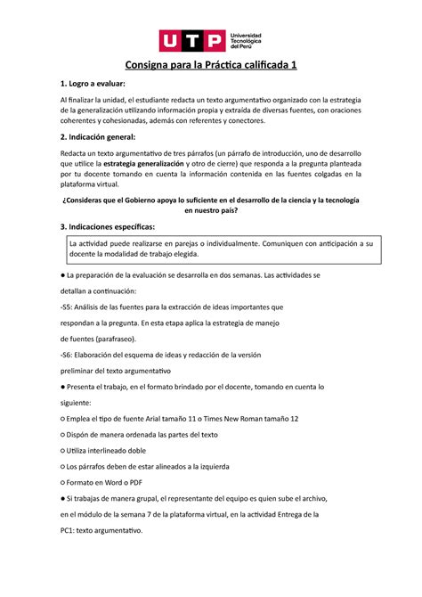 PC1 Texto Argumentativo Consigna para la Práctica calificada 1 1