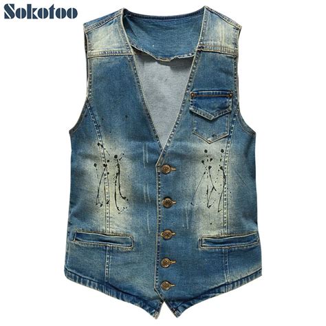 Sokotoo Men S Vintage Slim Denim Vest Male Casual Coat Tank Top Free