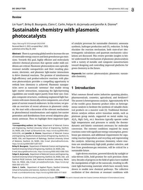 Pdf Sustainable Chemistry With Plasmonic Photocatalysts