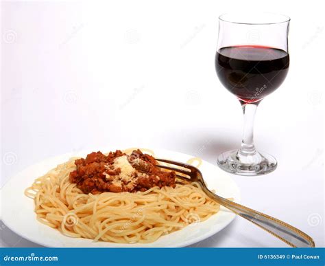 Spaghetti Bolognese And Wine Horizontal Royalty Free Stock Images