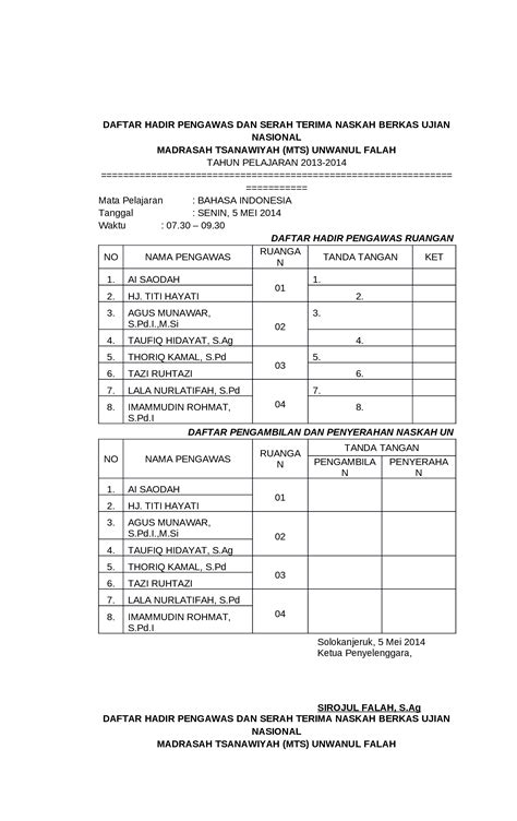 Docx Daftar Hadir Pengawas Dan Serah Terima Naskah Berkas Ujian Nasional Dokumen Tips