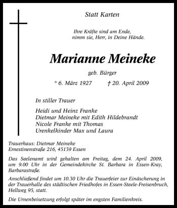 Traueranzeigen Von Marianne Meineke Trauer In Nrw De