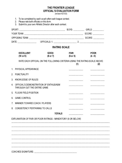 Fillable Online FRONTIER LEAGUE OFFICIALS EVALUATION FORM Fax Email