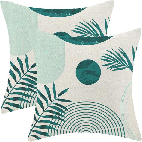 Aeioae Boho Summer Outdoor Pillow Covers 18 X 18 Inch Aqua Teal Leaf Decor Throw